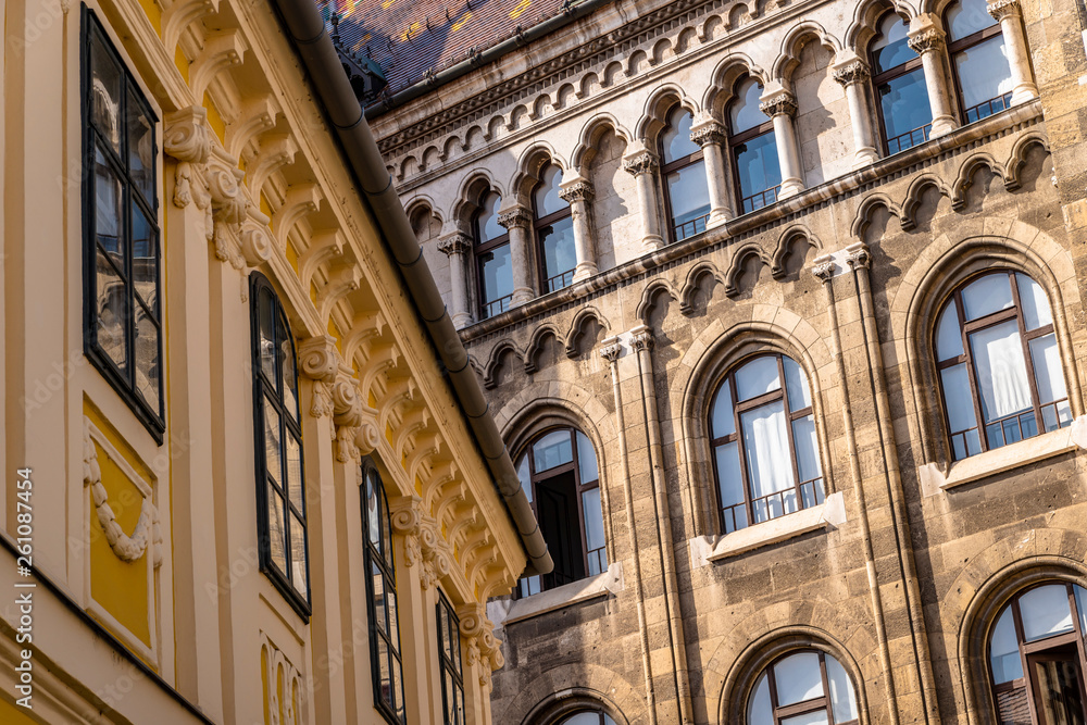 The close-up on the building in Budapest