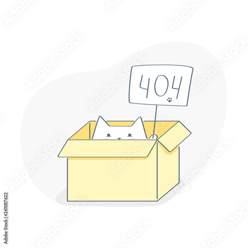 Shroedinger's cat, the cat sits in a box with a 404 sign. Page or file not found, connection error. Flat outline vector on white.