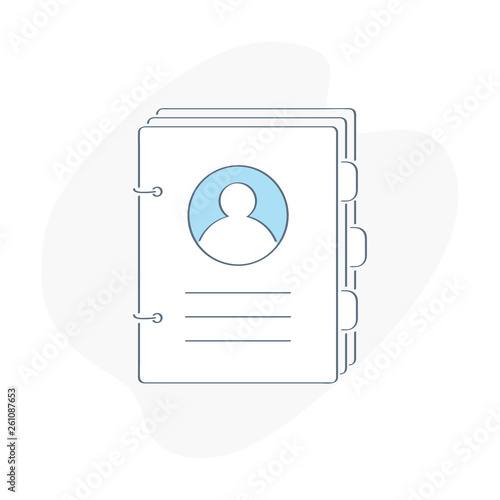 Phone book, telephone directory, handbook, catalog of names, contacts, address directory, targeting auditory, profiles, user guide, rule of use. Flat outline vector illustration on white background.