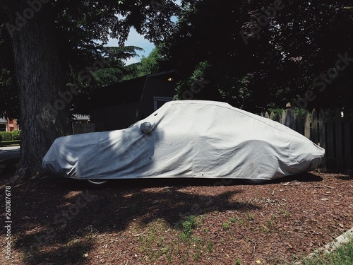 a covered car under the shadows of a tree
