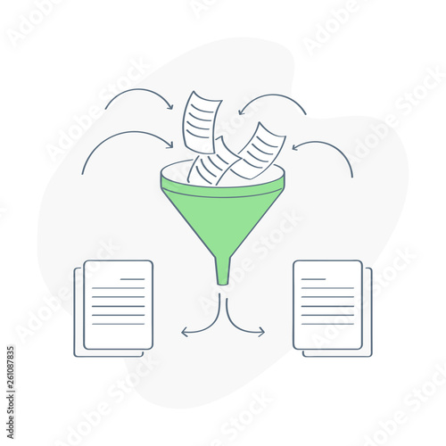 Filtration information, data, censorship, data verification, anti-fake, code and work validation check, data analysis. Paper documents are passed through the funnel divided into two different piles
