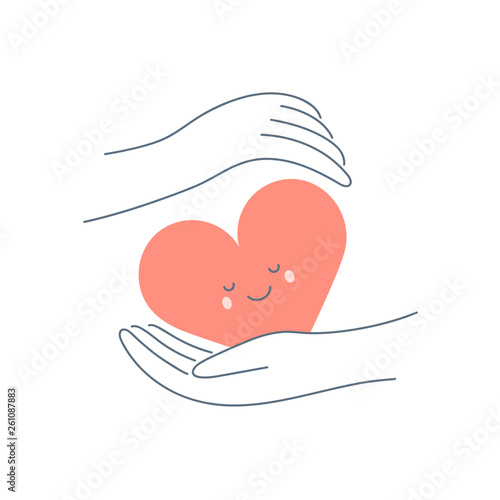 Heart in hands symbol, volunteering, charity, help, hope, health protection, aid, care presentation. Flat outline vector on white.