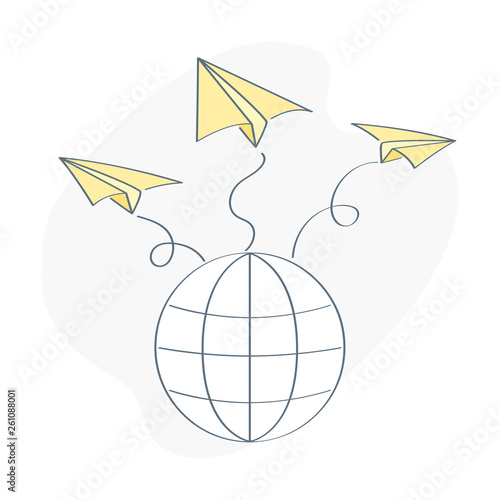 Mailing, newsletter, email marketing concept, distribution of news, messages. Paper planes flying from the planet. Flat outline vector illustration on white background.