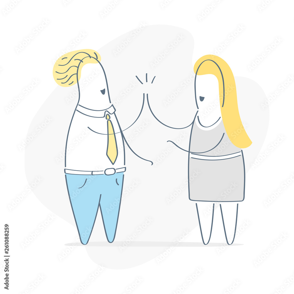Good job! Two cheerful business persons giving high five at office meeting. Teamwork, success, victory, achievement or good work result. Flat outline vector illustration. Good job! Two cheerful business persons giving high five at office meeting. Teamwork, success, victory, achievement or good work result. Flat outline vector illustration.