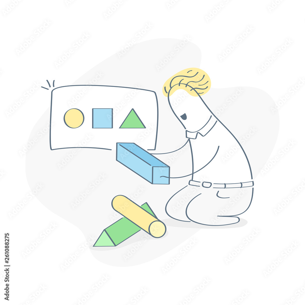 Solution, A/B concept testing, cartoon businessman putting toy bricks in geometric holes, sorting and pitting various forms blocks in different shapes (square, circle, triangle) of white box Solution, A/B concept testing, cartoon businessman putting toy bricks in geometric holes, sorting and pitting various forms blocks in different shapes (square, circle, triangle) of white box