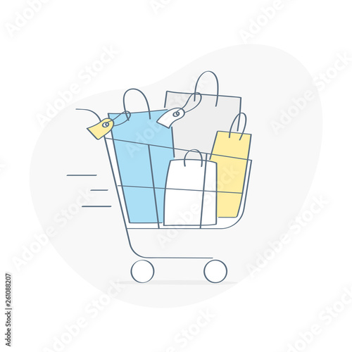 Shopping trolley, cart full of goods, shop trolley or basket in the supermarket. Online shopping, sales, purchases concept. Flat outline vector illustration on white.