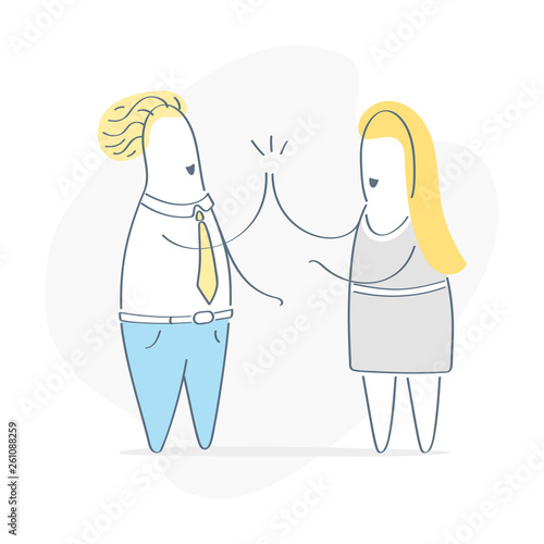 Good job! Two cheerful business persons giving high five at office meeting. Teamwork, success, victory, achievement or good work result. Flat outline vector illustration.