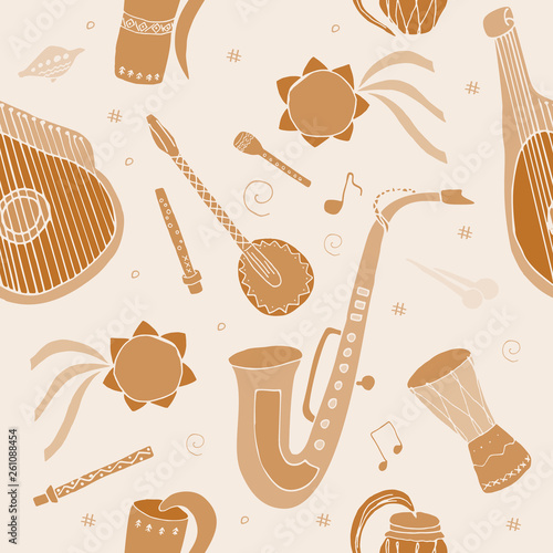 Seamless pattern with hand drawn traditional Slavic, Ukrainian musical instruments in circle. Reed pipe, kobza, buhay, sopilka, bandura, pan flute etc.