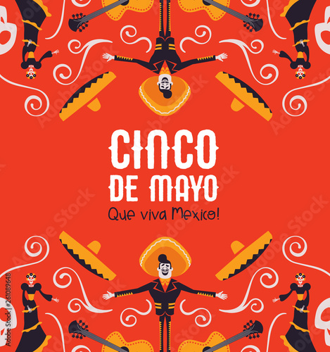 Cinco de Mayo card of mexican mariachi and catrina