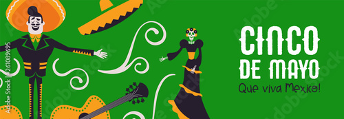 Happy Cinco de Mayo banner of mariachi and catrina