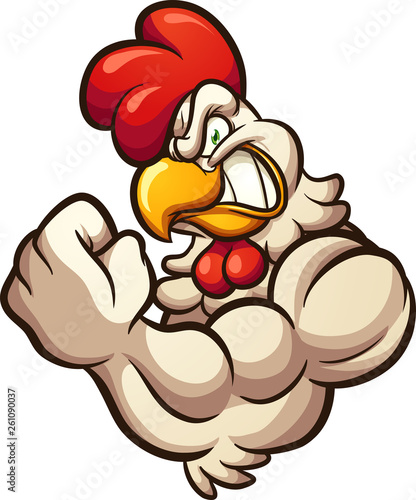 Strong cartoon chicken mascot flexing arm clip art. Vector illustration with simple gradients. All in a single layer.