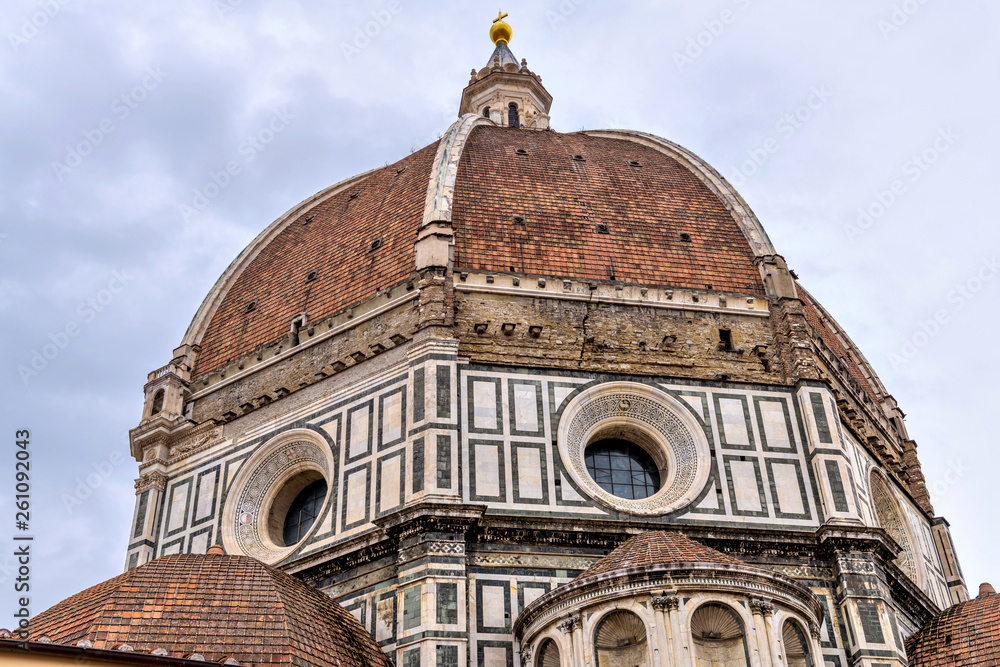 Brunelleschi's Dome - A close-up low-angle view of the 15th-century dome of the Florence Cathedral. Florence, Tuscany, Italy. 