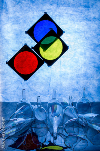 Abstract still life with transparent objects on blue background