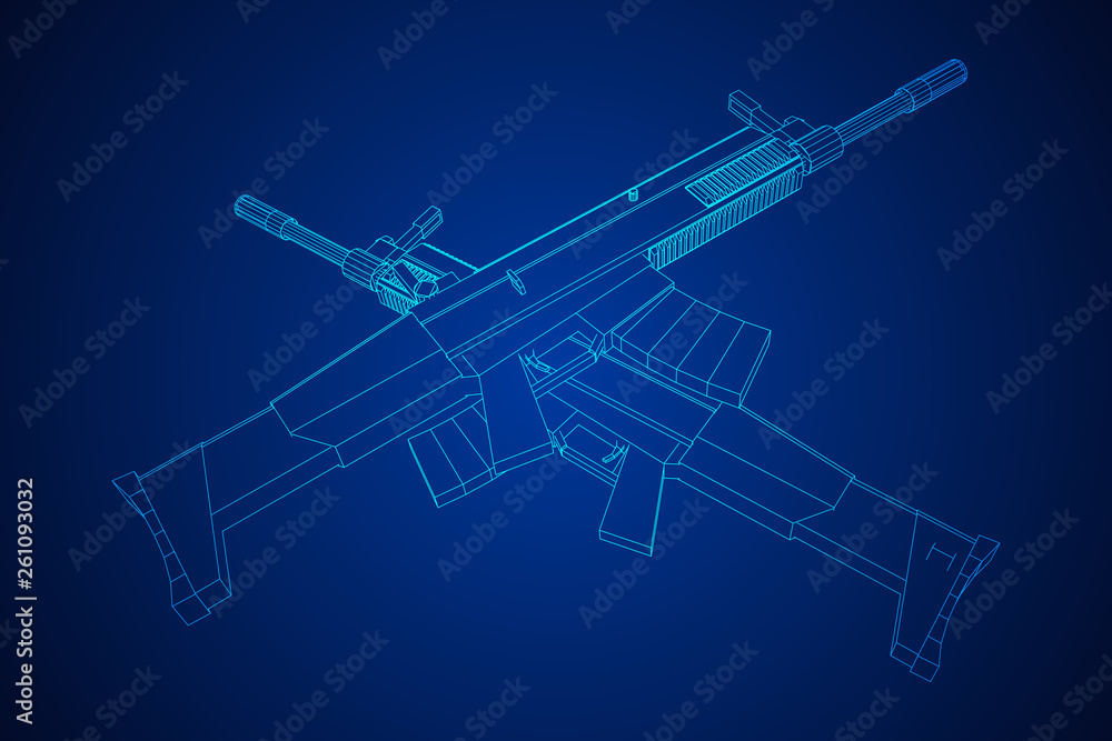 Assault rifle, automatic fire rifle model wireframe low poly mesh vector illustration Assault rifle, automatic fire rifle model wireframe low poly mesh vector illustration