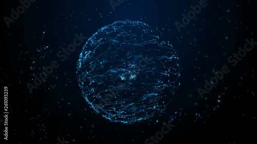 Blue particle energy sphere. Abstract technology, science, engineering and artificial intelligence motion background.