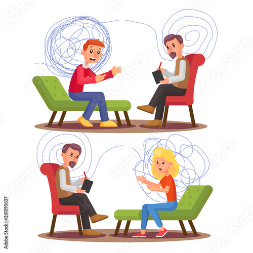 Psychiatry, Psychology Professional Consultation Vector Illustration Set. Psychiatry Therapy. Psychiatrist, Patient Talking Characters. Mental Health. Psychologist Appointment, Visit Flat Clipart