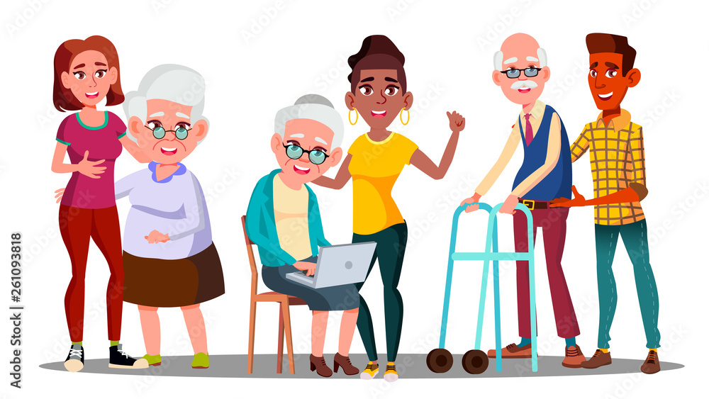 Caregivers, Volunteers, Grandparents, Grandkids Vector Cartoon Characters.  Young Caregivers, Students, Teenagers Helping Elderly People. Senior Man,  Woman with Children. Age Gap Flat Illustration Stock Vector | Adobe Stock