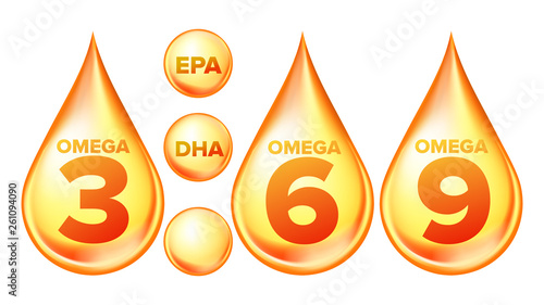 Omega Fatty Acid, EPA, DHA Vector Drops Set. Omega Three, Six And Nine Isolated Cliparts Pack. Natural Fish, Plants Oil. Healthy Food Supplements Collection. Organic Vitamin, Nutrient 3D Illustration photo