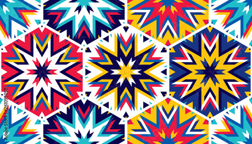 Abstract seamless pattern with hexagonal structure. Bright saturated colors for your design.