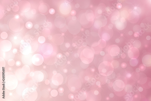 Abstract pink white light background texture with glowing circular bokeh lights and stars. Beautiful colorful spring or summer backdrop.