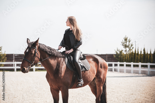 Woman on a horse at rancho. Horse riding, hobby time. Concept of animals and human 