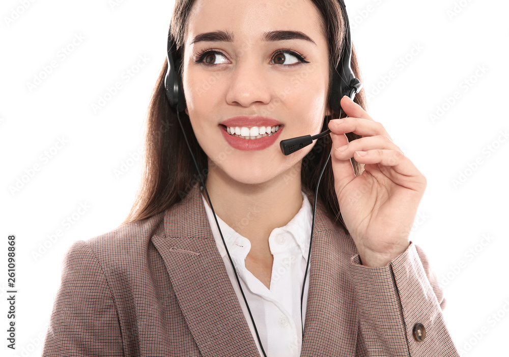 Portrait of technical support operator with headset on white background Portrait of technical support operator with headset on white background
