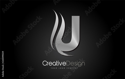 Silver Metal U Letter Design Brush Paint Stroke on Black Background