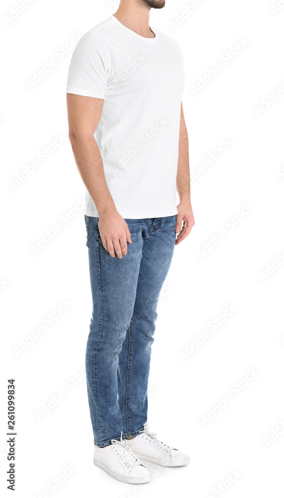 Young man on white background, closeup. Weight loss Young man on white background, closeup. Weight loss