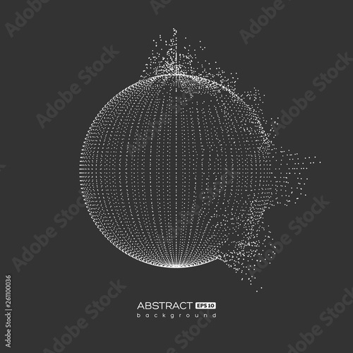 Abstract globe particles sphere with explosion effect. 3d technology digital style. Dark background. Futuristic vector illustration.
