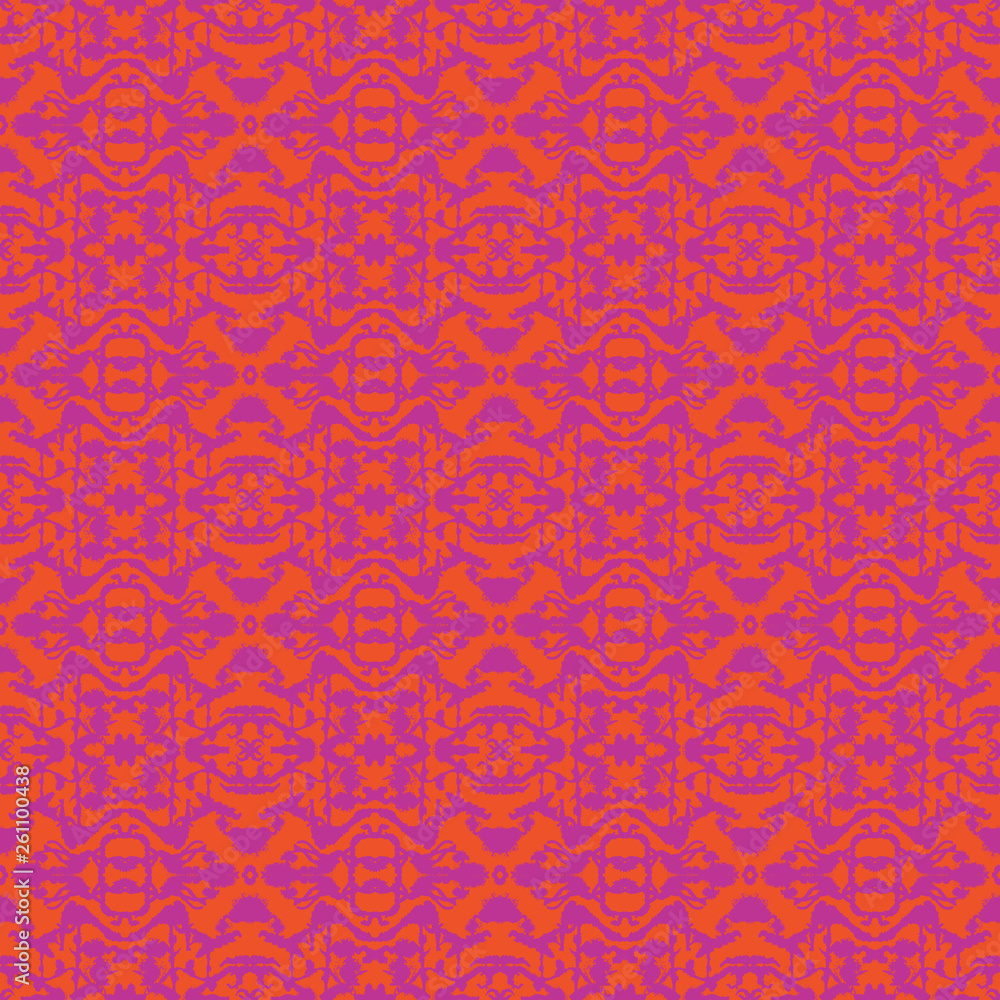 Abstract seamless pattern with mirrored symmetrical, marbled shapes in coral and pink. Abstract seamless pattern with mirrored symmetrical, marbled shapes in coral and pink.