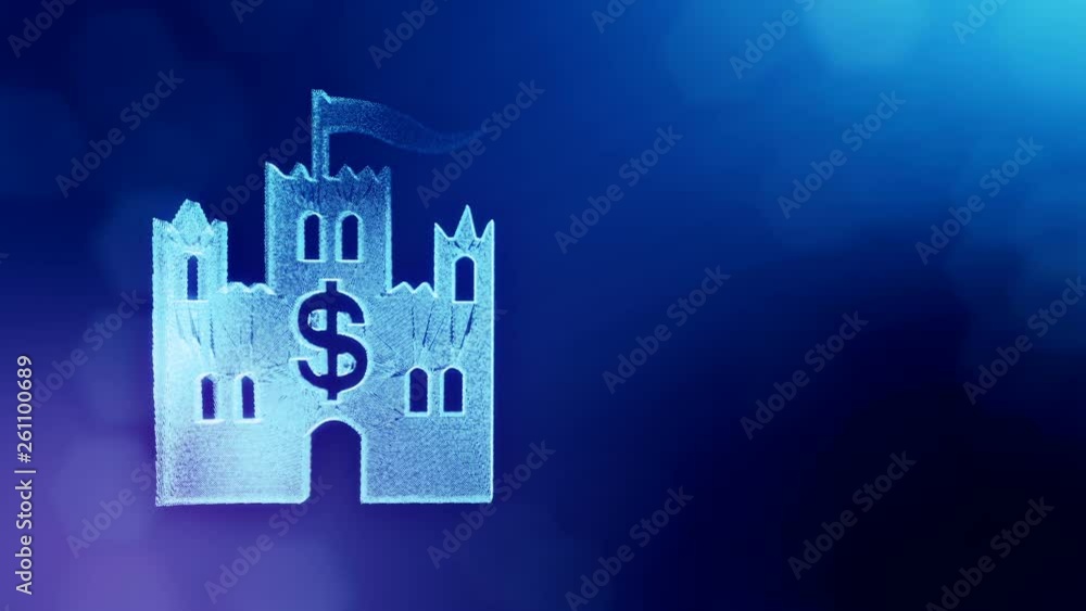 dollar sign in emblem of castle. Finance background of luminous particles. 3D loop animation with depth of field, bokeh and copy space for your text. Blue v6 dollar sign in emblem of castle. Finance background of luminous particles. 3D loop animation with depth of field, bokeh and copy space for your text. Blue v6
