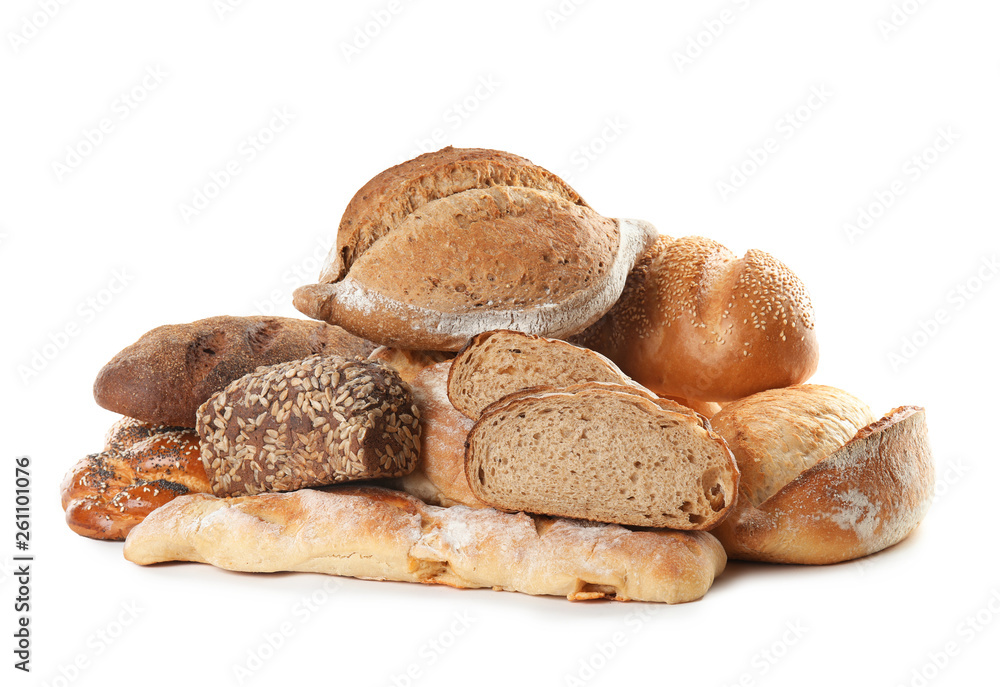 Different kinds of bread on white background