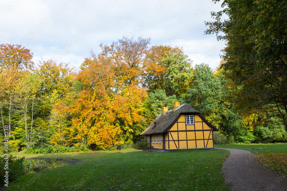 Fototapeta premium Old yellow half timbered house with thatched roof in Charlottenlund forest, Denmark