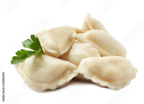 Boiled dumplings with tasty filling on white background