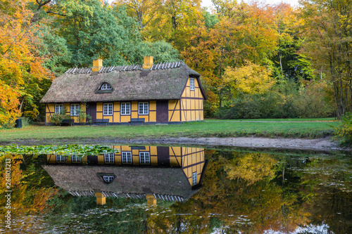 Old yellow half timbered house with thatched roof in Charlottenlund forest, Denmark