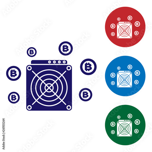 Blue ASIC Miner icon isolated on white background. Cryptocurrency mining equipment and hardware. Application specific integrated circuit. Set color icon in circle buttons. Vector Illustration