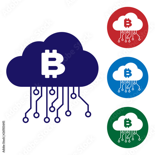Blue Cryptocurrency cloud mining icon isolated on white background. Blockchain technology, bitcoin, digital money market, cryptocoin wallet. Set color icon in circle buttons. Vector Illustration