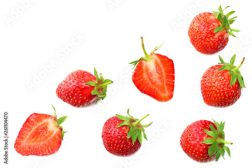 Strawberry with slices isolated on white background. top view