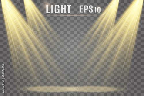 Light sources, concert lighting, spotlights. Concert spotlight with beam, illuminated spotlights for web design illustration.