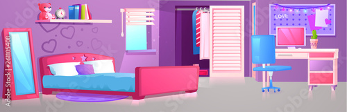 Pink children room interior with bed, desk and chair. Girl bedroom design with workplace and pc for study. Vector cartoon illustration