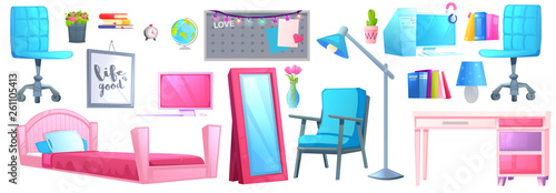 Pink children room interior with bed, desk and chair. Girl bedroom design with workplace and pc for study. Vector cartoon illustration
