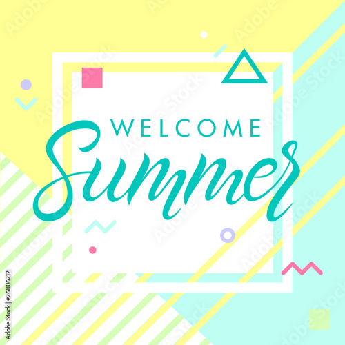 Hand drawn lettering summer with geometric elements in memphis style.Abstract design card perfect for prints, flyers,banners,invitations,special offer and more.Vector summer illustration.