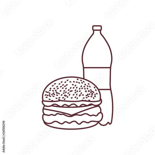 Burger and bottle of soda water.