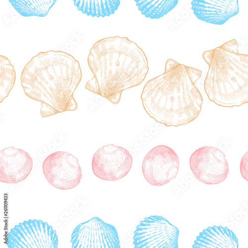 Seashells seamless pattern for your ocean life design. Elegant sea shells background in soft colors. Summer template collection vector illustration