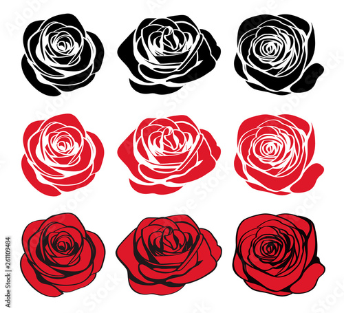 Roses hand drawn set. Black silhouettes rose flowers inflorescence, red silhouettes and red rose wiht black outlines isolated on white background. Flower icon collection. Vector doodle illustration