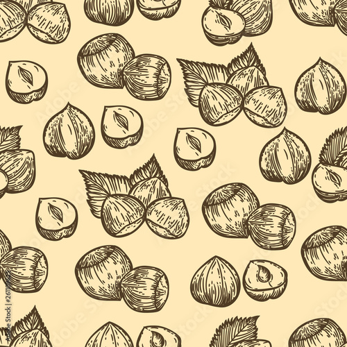 Seamless pattern of hazelnut in the engraving style.