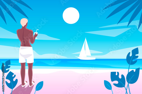 Seascape. Man on the beach. Vector illustration. © sweet kiwi