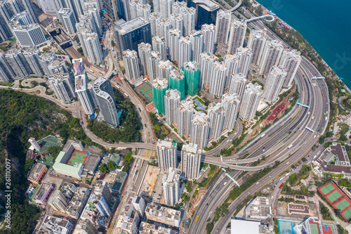 Tai Koo, Hong Kong 19 March 2019: Top down view of Hong Kong city © leungchopan