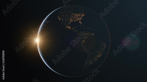 4K Slowly rotating realistic earth from space. Dark side with night lights. With Sun and lens flare. Seamless looping. High quality 3d animation. Elements of this image furnished by NASA.