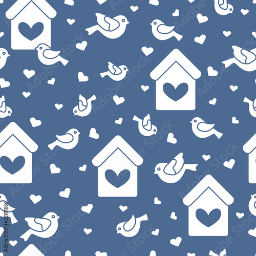 Seamless pattern with birds, birdhouses and hearts